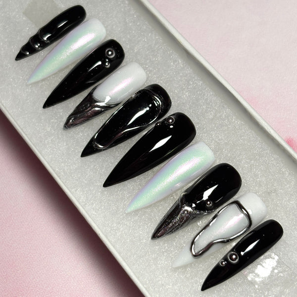 Load image into Gallery viewer, Long stiletto black, white and silver chrome press-on nails, with 3D silver chrome metallic tips and designs.
