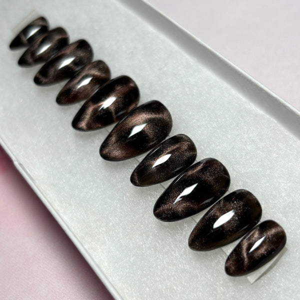 Load image into Gallery viewer, Autumn press-on nails in black featuring bronze brown cat eye that shimmers and glitters, giving a leopard print or tortoise shell effect, in a short almond shape, displayed in a white presentation box.