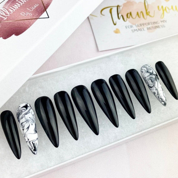 Load image into Gallery viewer, "Dark Thoughts" Marble Nails - illuminatebyliana