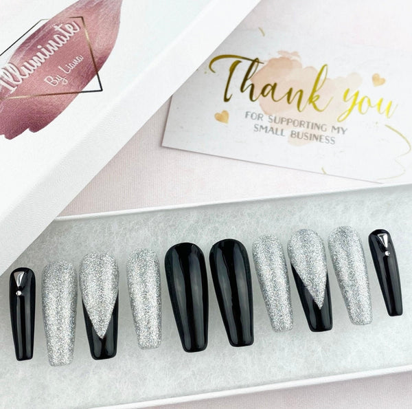 Load image into Gallery viewer, "Glitter Makes It Better" French Black & Silver - illuminatebyliana