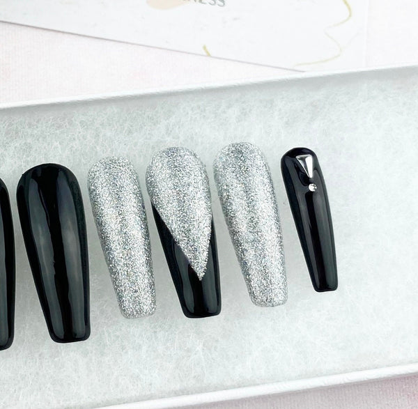 Load image into Gallery viewer, "Glitter Makes It Better" French Black & Silver - illuminatebyliana