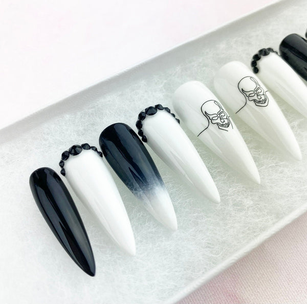 Load image into Gallery viewer, "Skull Vibes" Black & White Ombre with Rhinestones - illuminatebyliana