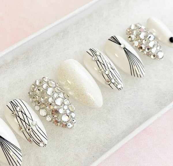 Load image into Gallery viewer, "Lines And Bling" Black & White with Rhinestones - illuminatebyliana