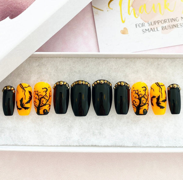 Load image into Gallery viewer, "Night In The Cemetery" Orange Black & Rhinestones - illuminatebyliana