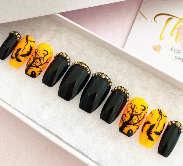 Load image into Gallery viewer, "Night In The Cemetery" Orange Black & Rhinestones - illuminatebyliana