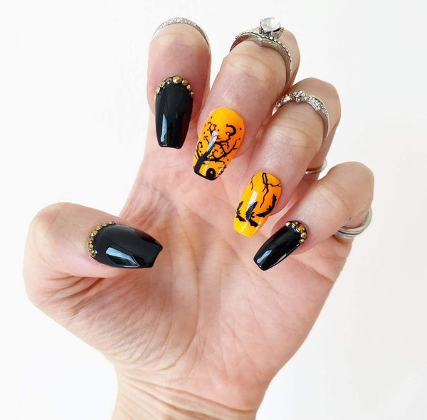 Load image into Gallery viewer, "Night In The Cemetery" Orange Black & Rhinestones - illuminatebyliana