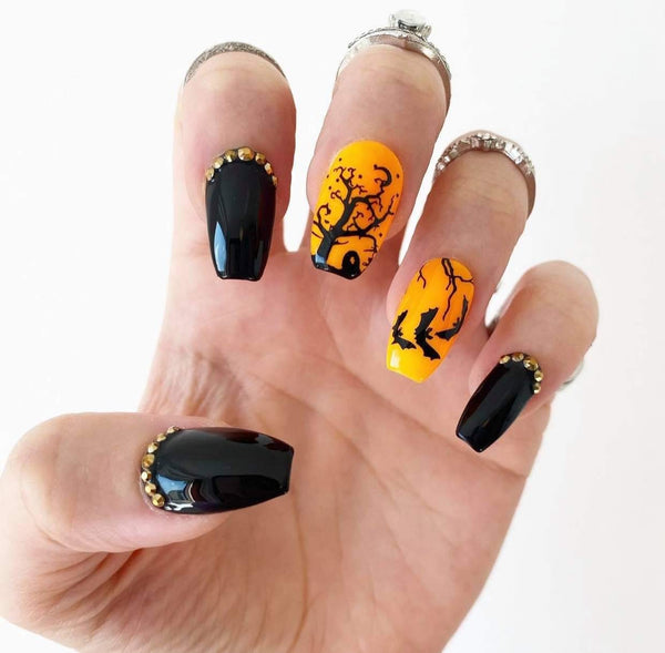 Load image into Gallery viewer, "Night In The Cemetery" Orange Black & Rhinestones - illuminatebyliana