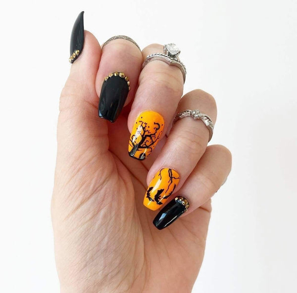 Load image into Gallery viewer, "Night In The Cemetery" Orange Black & Rhinestones - illuminatebyliana