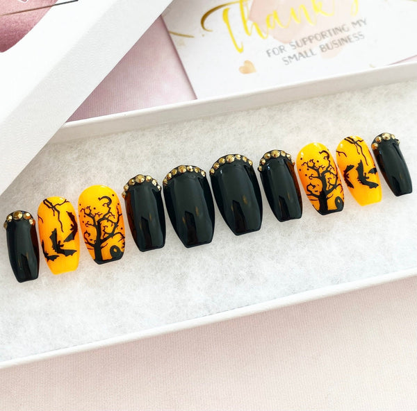 Load image into Gallery viewer, "Night In The Cemetery" Orange Black & Rhinestones - illuminatebyliana