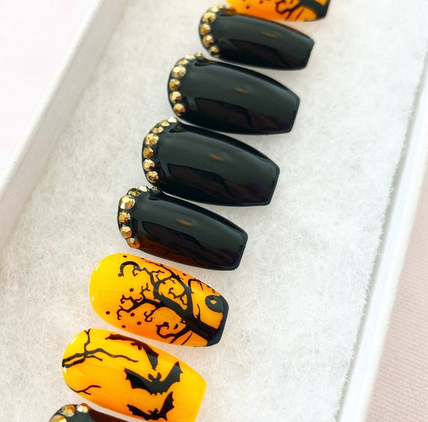 Load image into Gallery viewer, "Night In The Cemetery" Orange Black & Rhinestones - illuminatebyliana