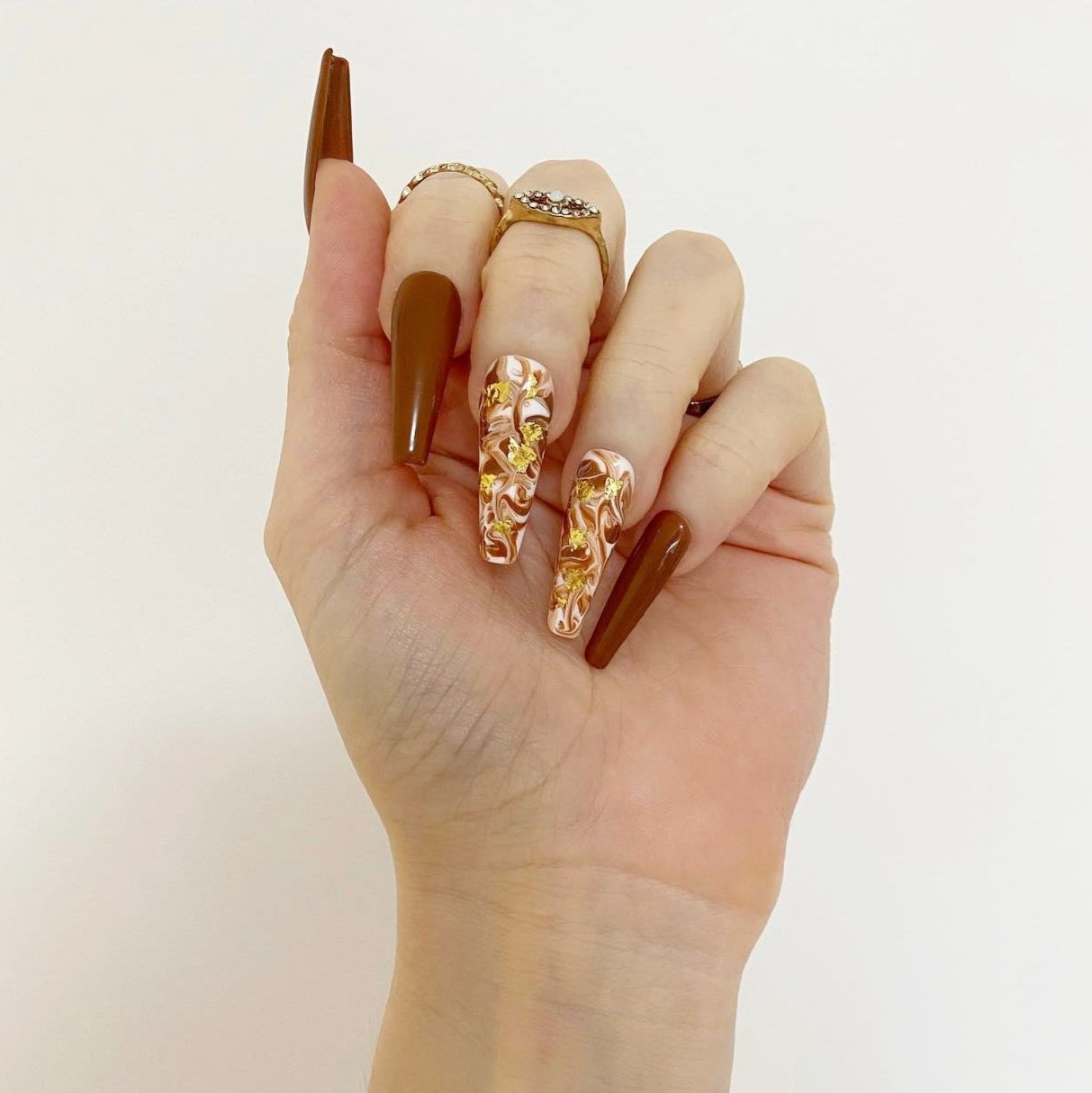 Autumn Handmade Press-On Nails with Gold Leaf from a UK Nail Artist – Illuminate by Liana